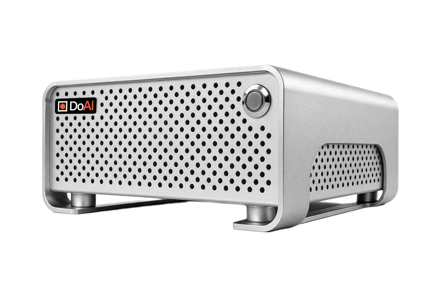 MindBox Mini — compact fanless desktop AI machine in silver, front view with perforated grille and power button